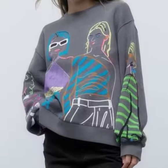 Zara Tops - Zara Zero in On Graphic Girls Crewneck Sweatshirt Neon/Gray 80sVibe
